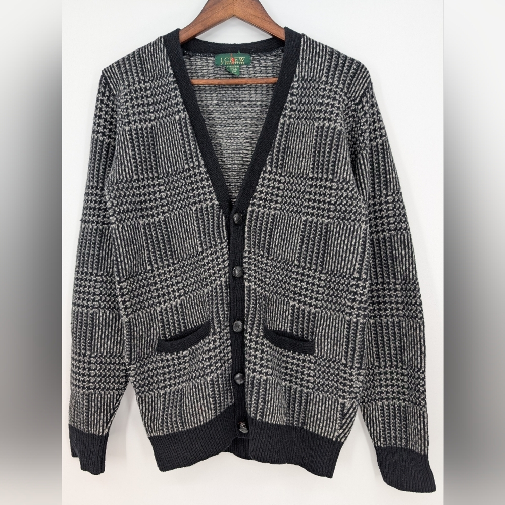 Vtg. J.Crew Outfitters Oarsman Lambswool Houndstooth Cardigan Preppy Grandpacore